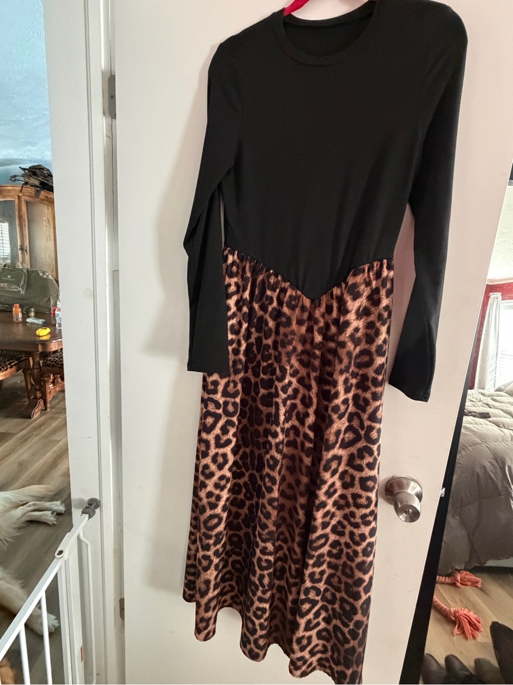 Long Sleeve Black Top with Leopard Print Maxi Skirt Dress